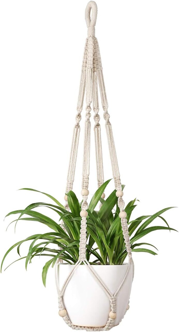 Macramé Plant Hanger – 35" Ivory Indoor/Outdoor Hanging Planter Holder with Wood Beads, No-Tassel Design – Boho Decorative Flower Pot Holder for Home Décor (Pot Not Included)
